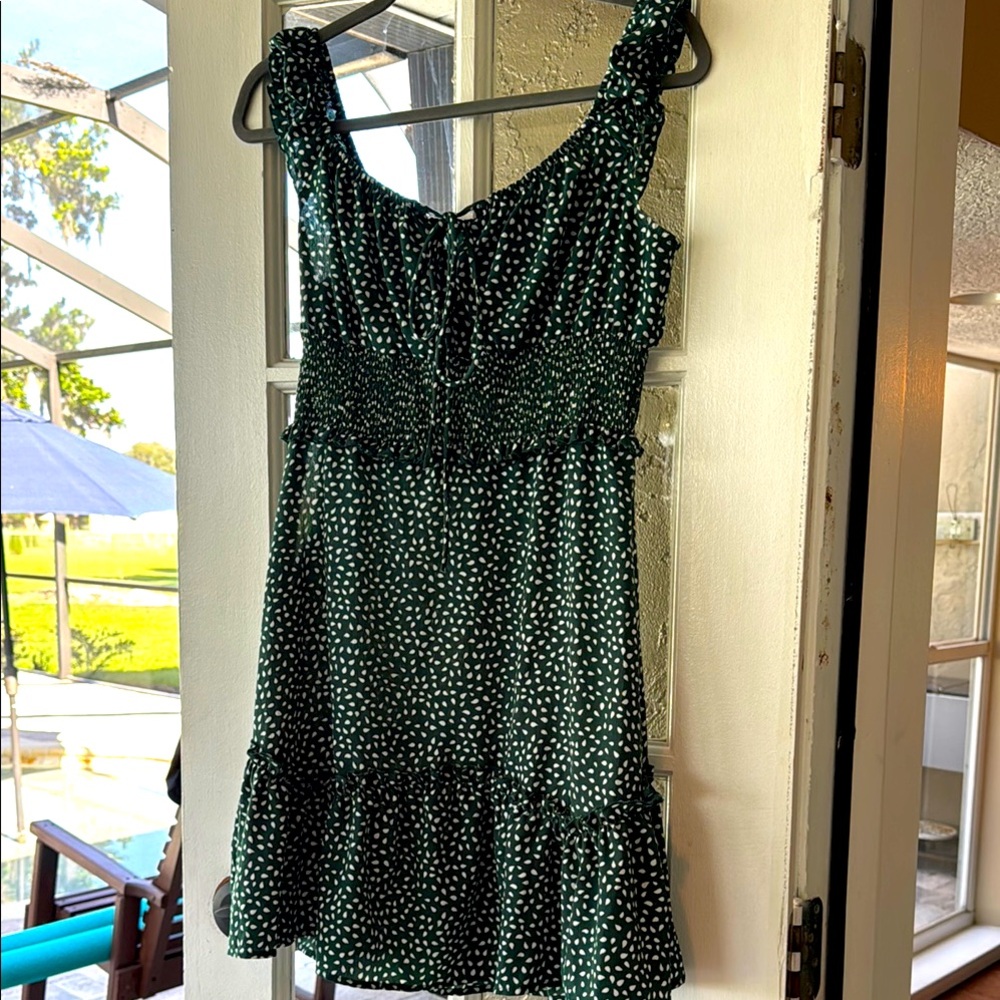 Green Dress with white tear-shaped dots Medium